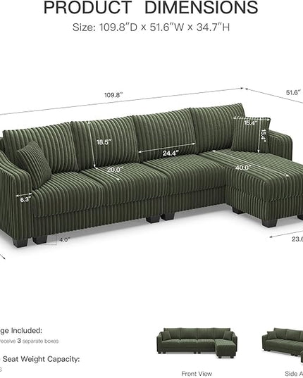 Belffin Sectional Couch with L-Shape Chaise L Shaped Couch with Ottoman Sectional Couches for Living Room Corduroy (Green, L Shaped)