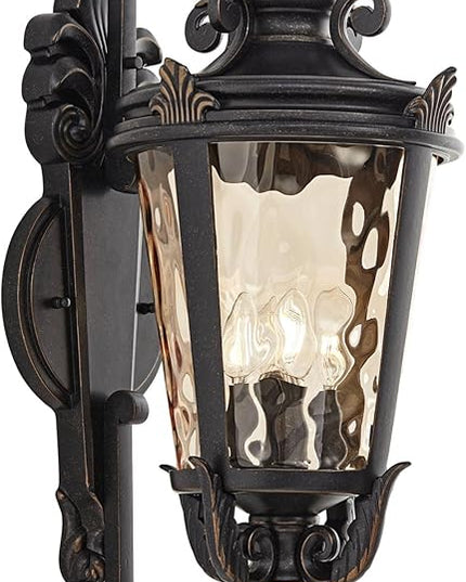 John Timberland Casa Marseille Vintage Outdoor Wall Light Fixture Veranda Bronze Scroll Frame 31" Champagne Hammered Glass for Exterior House Porch Patio Outside Deck Garage Yard Front Door