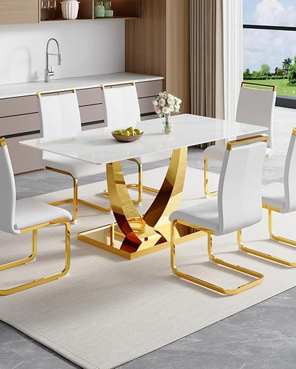63” Dining Room Table Set for 6,Modern Gold Dining Table Set for 6, Rectangle Kitchen Table Set with Leather Chairs,White Faux Marble Dinner Table Set with Tempered Glass Top and Golden Base