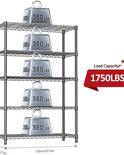 IZEUK 5-Tier Heavy Duty Metal Storage Shelving Unit (Black, 17.7" D x 47.2" W x 72.3" H, 1750 lbs Capacity), Adjustable Steel Wire Rack Shelf Organizer for Garage, Kitchen, Basement, Laundry, Office