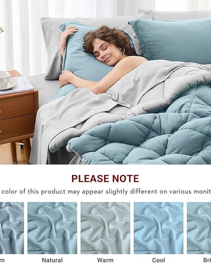 MUXHOMO 5 Pieces Twin Comforter Set, Reversible Bed in a Bag Twin Size, All Season Bedding Set with Comforter, Flat Sheet, Fitted Sheet, Pillowcases & Shams, Greyish Blue & Light Grey