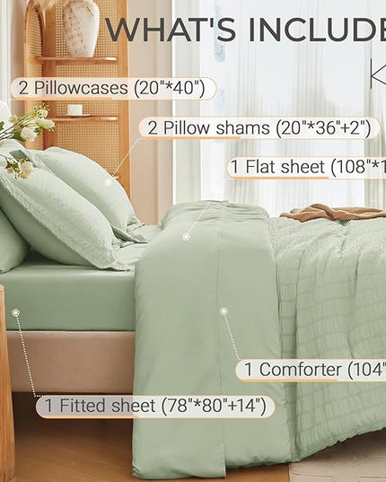 MUXHOMO 7 Pieces King Comforter Set, Seersucker Bed in a Bag King Size, All Season Luxury Bedding Set with Comforter, Flat Sheet, Fitted Sheet, Pillowcases & Shams, Light Green