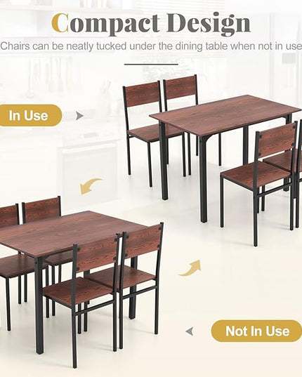 Giantex Dining Table Set for 4, 5-Piece Kitchen Table Set with Dinner Table, Dining Chairs, Metal Frame, Space-Saving Dinette Set for Living Room Restaurant, Breakfast Nook Table Set (Walnut)
