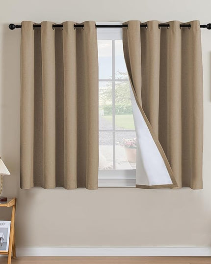 H.VERSAILTEX Linen Curtains 100% Blackout Curtains for Bedroom 45 inch Long Full Light Blocking Nature Linen Blended Window Curtains for Living Room Nickel Grommet (2 Panels, Heathered Macchiato)