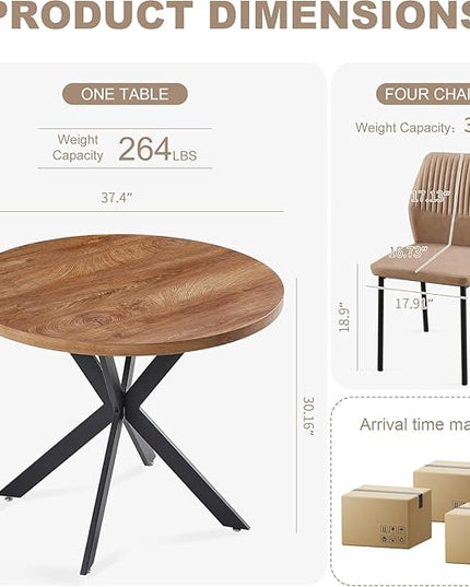 37" Round Dining Table Set for 4, Mid Century Modern Small Coffee Set for Dining Room Kitchen Apartment (Walnut Table + 4 PU Leather Beige Chairs)