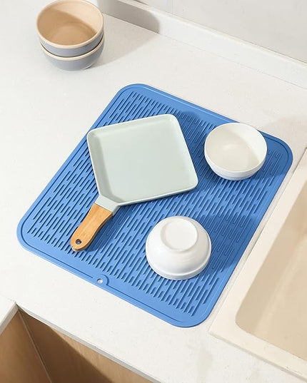 Silicone Dish Drying Mat for Multiple Usage,Easy clean,Eco-friendly,Heat-resistant Silicone Mat for Kitchen Counter or Sink,Refrigerator or Drawer Liner Lichen BlueL 2XL 24 inches x 18 inches