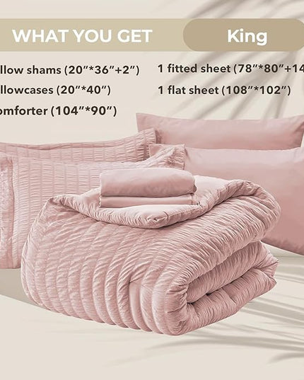 HYMOKEGE Rose Gold King Size Comforter Set Seersucker 7 Pieces, All Season Luxury Bed in a Bag for Bedroom, Bedding Set with Comforters, Sheets, Pillowcases & Shams