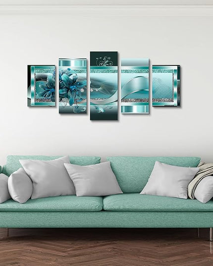 LUDUHU Turquoise Orchid Flowers Canvas Print - Abstract Green Floral Poster, Blue Wall Art Painting Decor for Home Decoration Artwork Picture Bedroom Green Floral (A,Oversize 60x30inch)