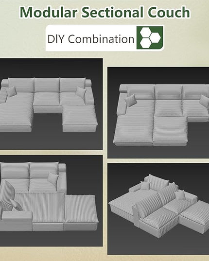 107" Cloud Couch Modular Sectional Sofa for Living Room, U-Shape Boneless Couch with Deep Seat, Modern Corduroy 3-Seater with Ottoman, No Assembly Required (Black,Left-Facing Chaise)