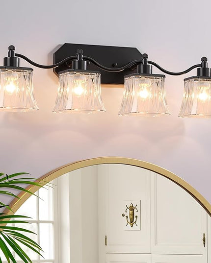 Bathroom Vanity Light Fixtures, 4-Light Vintage Matte Black Vanity Lights with Crystal Glass Shades, Farmhouse Bathroom Lighting Fixtures Over Mirror for Bathroom Bedroom Hallway