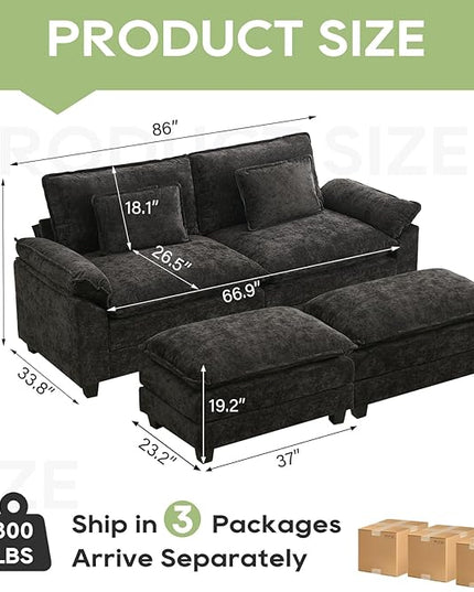 86" Modular Sectional Sofa, Comfy Cloud Couch Sectional Sofa with Ottoman, Chenille Sofa Sleeper Deep Seat Sofa with Throw Pillows for Living Room (Black)