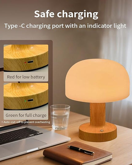 Mushroom Operated Table Lamp 3000mAh Cordless Rechargeable, Touch Dimmable Desk Lamp, LED Night Light for Patio Camping Restaurant Home, H7.3in, Wood Grain