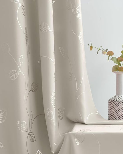 BUHUA White Black Out Curtains 63 Inch Long 2 Panels, Soundproof Curtains with Elegant Silver Leaf Print, Heat Blocking Curtains for Livingroom, 52W x 63L, Natural