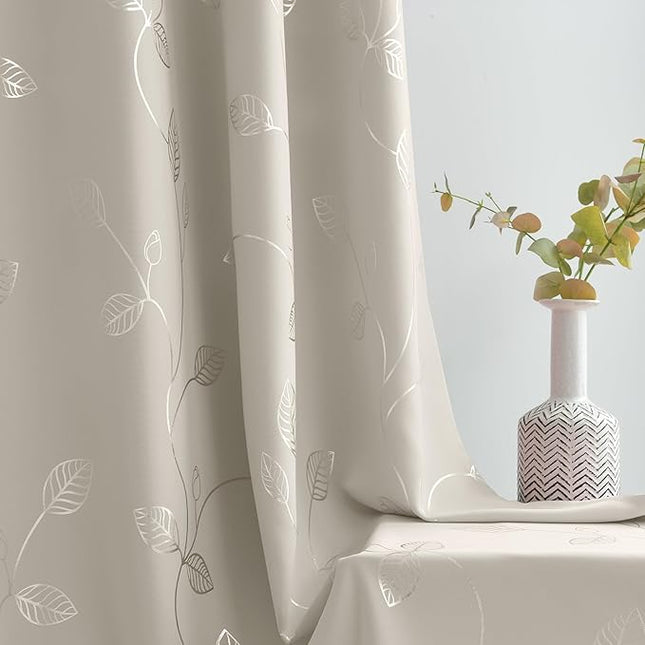 BUHUA White Black Out Curtains 84 Inch Long 2 Panels, Soundproof Curtains with Elegant Silver Leaf Print, Heat Blocking Curtains for Livingroom, 52W x 84L, Natural