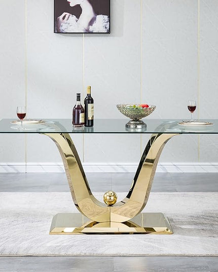 70" Rectangular Glass Dining Table for 4-6, Modern Kitchen Table for 6, U Shape Stainless Steel Base, Glass and Gold Dining Room Table for 6