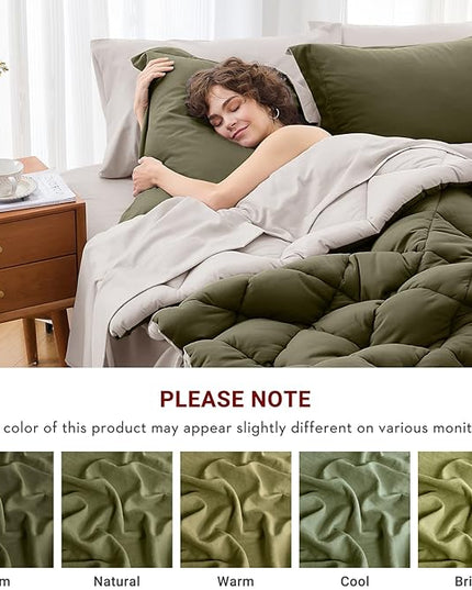 MUXHOMO 7 Pieces Full Comforter Set, Reversible Bed in a Bag Full Size, All Season Bedding Set with Comforter, Flat Sheet, Fitted Sheet, Pillowcases & Shams, Olive Green & Beige