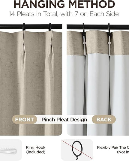 Joydeco Pinch Pleated Linen Curtains for Living Room, 100% Blackout Curtains 84 inches Long 2 Panel Thermal Insulated Pinch Pleat Drapes(Cobblestone,40'' Wx84'' L)