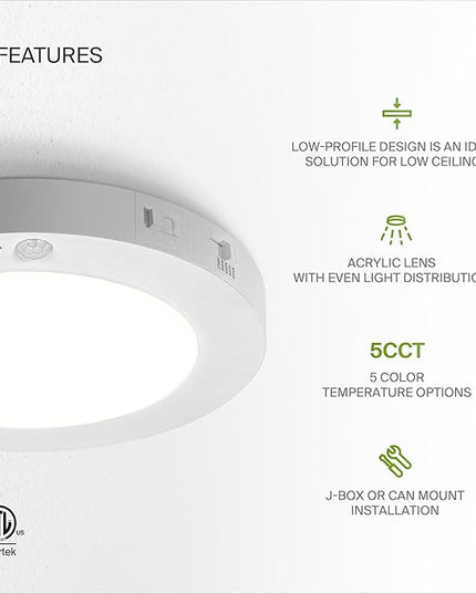 ASD LED 7" Round Flush Mount Ceiling Light Fixture, Low Profile Surface Lighting | 5CCT, Motion Sensored, Ultra-Thin, ETL Listed | 15W 900LM 2700-6000K 120V | Kitchen, Bedroom, Hallway Lamp | White