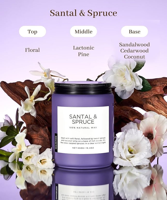 M&SENSE Santal Spruce Christmas Coconut Soy Candles for Home Scented, 19.4oz 110 Hour Slow Burning Large Candle Gift for Stress Relief, Meditation, Relaxing SPA, Best Smelling Christmas Gifts