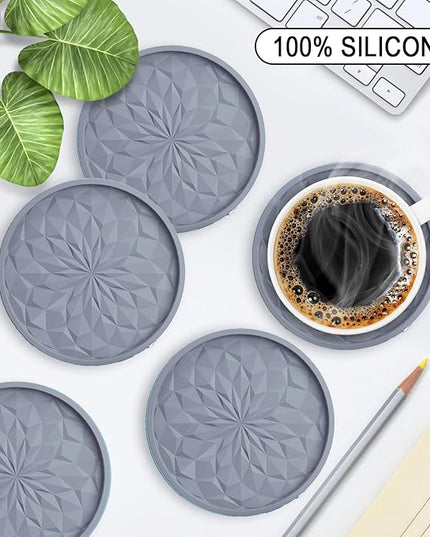 ME.FAN Silicone Coasters with Holder,[6 Pack] Drinking Coasters - Cup Mat for Hot or Cold Drinks, Thickened, Non-Slip, Non-stick,Deep Tray Light Grey