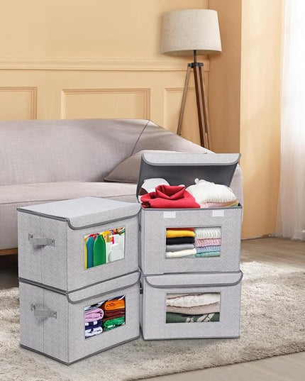 Univivi Fabric Foldable Storage Boxes [4-Pack] Large Collapsible Stackable Storage Bins with Lids, Closet Organizers and Storage Cube Basket for Home, Office, Bedroom (Gray, 17“ x 12” x 12")