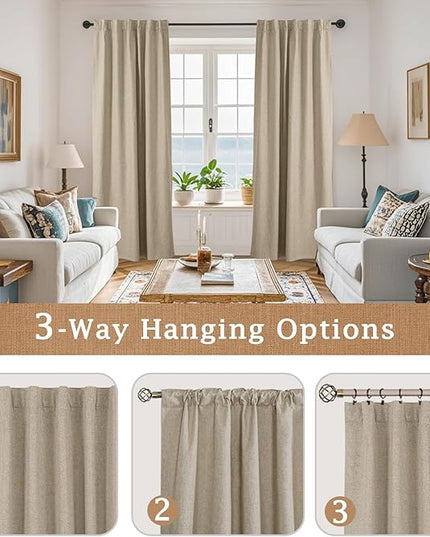 LAMIT 100% Blackout Natural Linen Curtains, 80 Inches Linen Textured Thermal Bedroom Curtains Back Tab and Rod Pocket Neutral Panels with White Liner for Farmhouse, 2 Panels, 52 x 80 Inch, Taupe