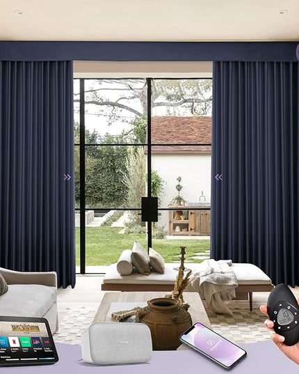 Graywind Hardwired Smart Curtains Compatible with Alexa Google Remote Control Motorized Drape for Sliding Door One-Way or Split Draw, Custom Width to 220" (Sapphire Blue)