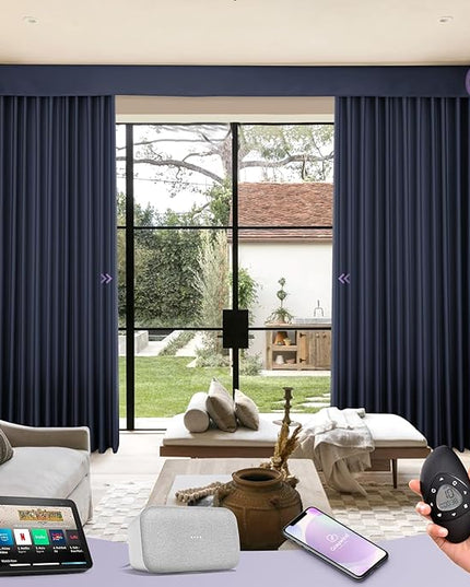 Graywind Rechargeable Smart Curtains Compatible with Alexa App Remote Control Motorized Drape for Sliding Door One-Way or Split Draw, Custom Width Up to 220" (Sapphire Blue)