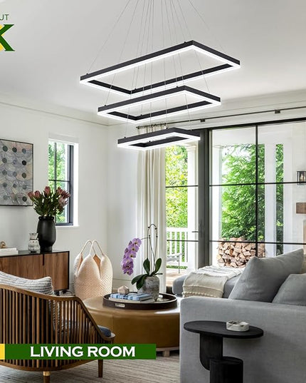 3 Rings Modern LED Chandelier Black 31.5inch Rectangle Dimmable LED Pendant Light with Remote Control 3 Tier Flush Mount High Ceiling Light for Dining Living Room Foyer(3000K-6500K, H71)