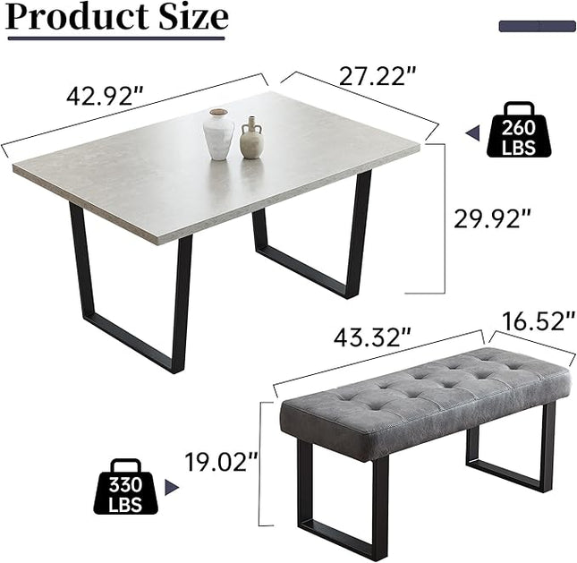 3 Piece Dining Table Set with Bench, 42.9 Inch Modern Kitchen Table with Right Seat Corner and 43.3 Inch Bench for Family Dining Room Furniture