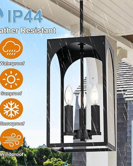 VINLUZ 3 Lights E12 Outdoor Pendant Lighting Fixture in Black Finish Finish, Farmhouse Hanging Lantern Chandelier with Clear Glass Shade for Porch Entryway Hallway