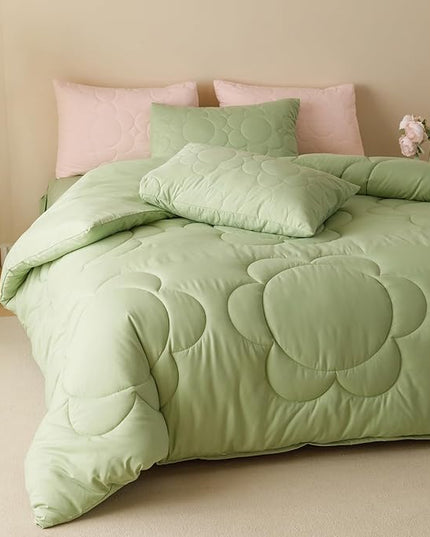 Houseri Sage Green Floral Comforter Set King Sunflower Light Green Fluffy Quilted Comforters King Size Ultra Comfy Bedding Sets Soft Breathable