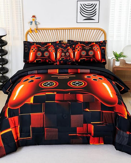PERFEMET 6 Piece Orange Gaming Bedding Set Twin Size Game Console Boys Comforter Set with Sheets 3D Cool Soft Fluffy Video Gamer Bed in A Bag for Kids Teens(Orange, Twin)