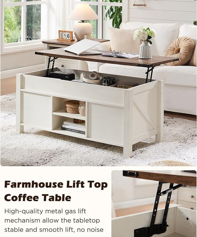 OKD 48" Farmhouse Lift Top Coffee Table with Sliding Barn Door,Rustic Center Table with Hidden Storage Compartment,Lifting Tabletop and Adjustable Shelf for Living Room,Office,Antique White