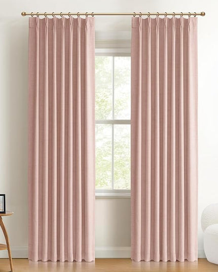100% Blackout Shield Linen Look Textured Pinch Pleated Curtains Blackout Drapes 90 Inch Long 2 Panels Set, Faux Linen Blackout Curtains for Bedroom & Living Room, 40" W x 90" L, Blush Pink