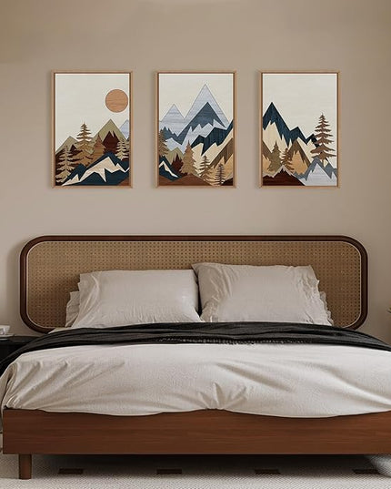 HOURIA Mid Century Mountain Woodland Framed Wall Art Set,Boho Sunrise Pine Tree Wall Decor,Wilderness Nature Forest Artwork,Modern Woodcut Field Art Print for Living Room,Bedroom,Office- 16"x24"x3
