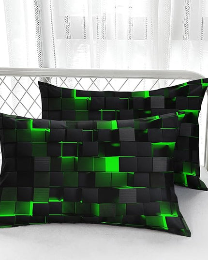 Geometric Green Black Comforter Set,Light Honeycomb 3 Piece Bedding Set King Size for Teen Boys,Modern Quilt Set Geometry Decor,Microfiber Lightweight 1 Comforter 2 Pillowcases All Season