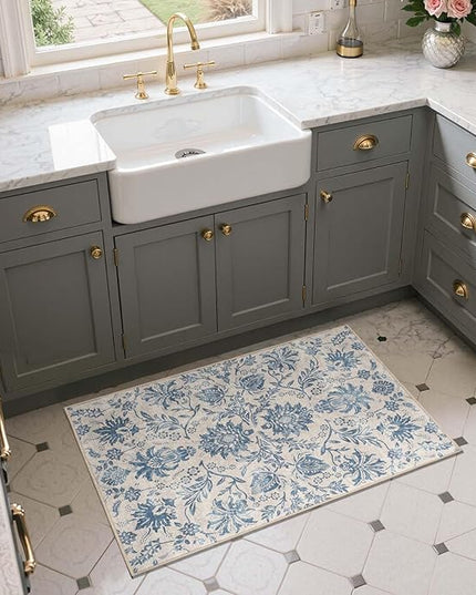 jinchan Torino 2x3 Washable Rugs for Entryway, Vintage-Inspired Floral Design Non-Slip Low-Pile Doormat, Ultra-Thin Indoor Traditional Accent Carpet for Entrance Kitchen Bathroom Bedroom, Dark Blue