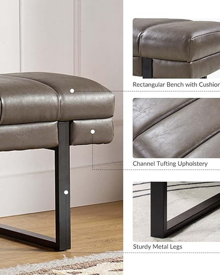 HULALA HOME 53" Faux Leather Entryway Bench, Button Tufted End of Bed Bench Ottoman for Bedroom, Living Room with Metal Base, Grey