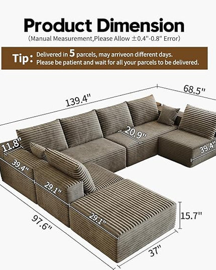 139.4" Modular Sectional Sofa, Oversized U-Shaped Minimalist Couches with 2 Middle Seats and 1 Ottoman Chaise, Modern Deep Seat Convertible Sleeper Sofa, Cloud Plush Corduroy Fabric,7 Seater, Camel