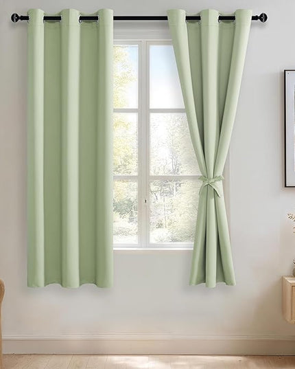 JIUZHEN Blackout Curtains with Tiebacks - Thermal Insulated, Light Blocking and Noise Reducing Grommet Curtain Drapes for Bedroom and Living Room, Set of 2 Panels, Light Green, 42 x 63 Inch Length