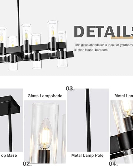 Black Linear Chandeliers for Dining Room, 54" Rectangle Chandelier with Glass, 16-Light Modern Chandeliers Over Table, Farmhouse Chandelier for Kitchen Island, Industrial Pendant Light Fixtures