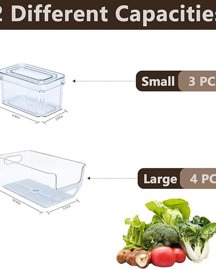 7Pcs Clear Plastic Storage Bins, Refrigerator Organizer Bins with Handles, Freezer Organizer Clear Organizing Bins, BPA-Free Fridge Storage Containers for Fridge, Freezer, Cabinet, Kitchen, Pantry
