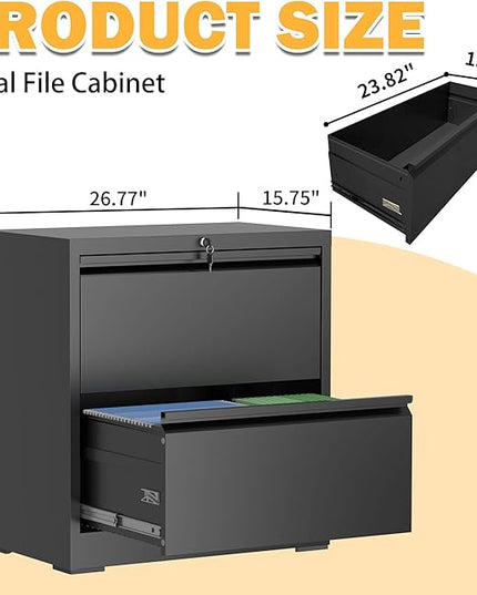 2 Drawer Lateral File Cabinet with Lock, File Cabinet, Metal Lateral Filing Cabinets for Home Office, File Storage Cabinet for Legal/Letter/A4 Documents, Assembly Required (Black, 26'W)