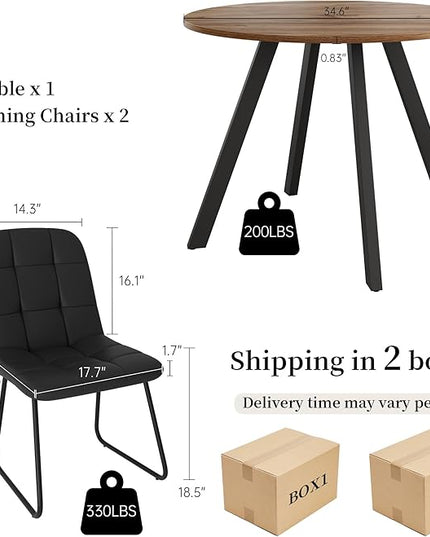 34.6'' Dining Table and Chairs for 2, Mid Century Modern Round Table Set, Space Saving for Apartment Kitchen Dining Room (Walnut Table+2 U-Shaped Black Chairs)