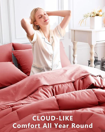 CozyLux Queen Comforter Set Coral, 7 Pieces Bed in a Bag, Coral Comforter Queen Size, All Season Bedding Sets with Stitch Quilted Comforter, Flat Sheet, Fitted Sheet, Pillowcases