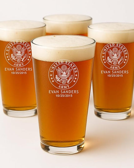 Custom Military Beer Glass Set - 4 Personalized 16 oz. Glasses for Army, Navy, Air Force & Coast Guard - Great for Active & Retired Service Members (BEER CAN)