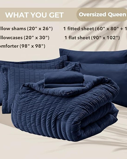 HYMOKEGE Navy Blue Oversized Queen Comforter Set Seersucker 7 Pieces, All Season Luxury Bed in a Bag for Bedroom, Bedding Set with Comforter, Sheets, Pillowcases & Shams