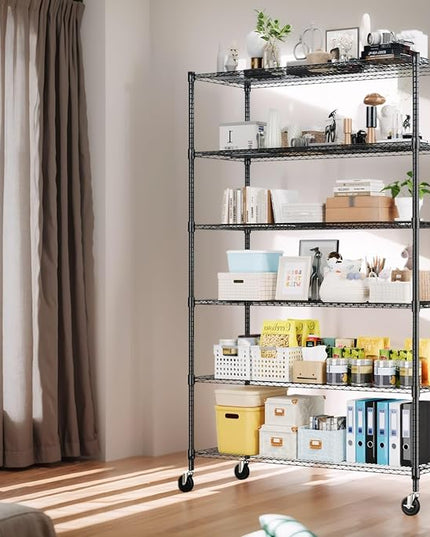 Himimi 82" H Storage Shelves 6 Tier Metal Shelving Adjustable Wire Shelf with Wheels, Heavy Duty Shelving for Garage Kitchen Pantry Bathroom Laundry,18" D*48" W*82" H, Black