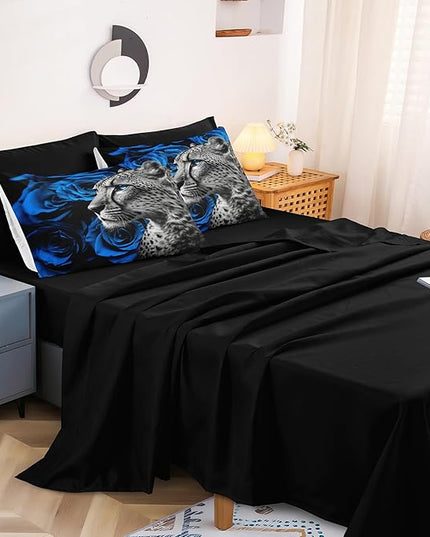 Merryword 8 Pieces Cheetah Leopard Bed in a Bag Blue Rose Comforter Set Full Size Blue Flower Bedding Tiger Lion Wild Animal Comforter Set